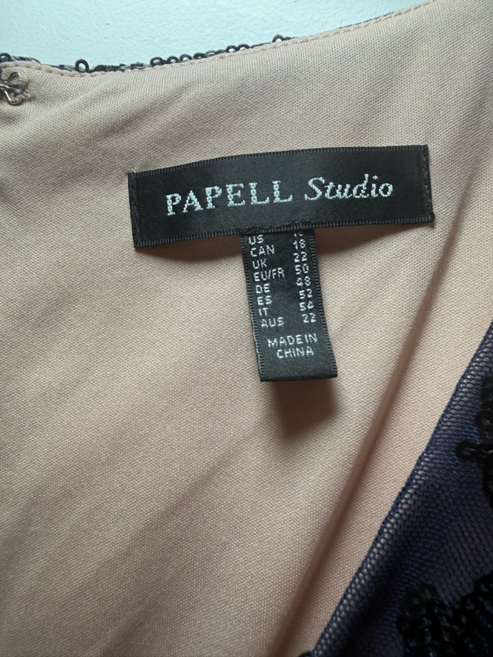 Papell Studios Navy Sequined V Neck Sheath Dress Sz 18 Plus Floral Beige Lined - Picture 7 of 10
